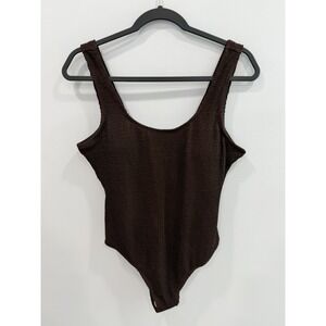 NEW Dark Brown Crinkle One Piece Swimsuit Womens Minimalist Bathing Suit Size L
